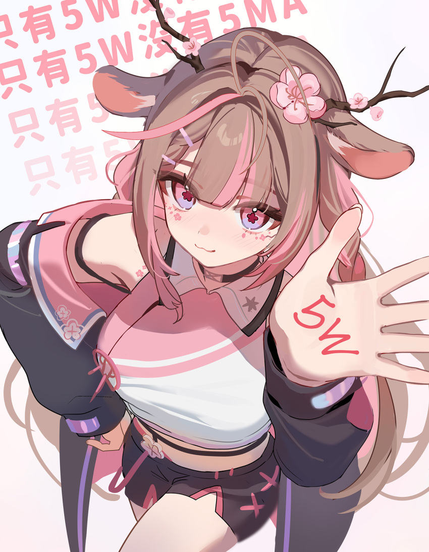 1girl animal_ears antlers arm_up black_jacket black_shorts breasts brown_hair chinese_commentary closed_mouth commentary_request deer_antlers deer_ears deer_girl exitus flower flower-shaped_pupils flower_facial_mark gradient_eyes grey_background hand_on_own_hip highres horns jacket kannazuki_lubee large_breasts long_hair long_sleeves looking_at_viewer midriff multicolored_eyes multicolored_hair off_shoulder pink_eyes pink_flower pink_hair ruiuncle shirt shorts simple_background sleeveless sleeveless_shirt smile solo standing streaked_hair symbol-shaped_pupils virtual_youtuber