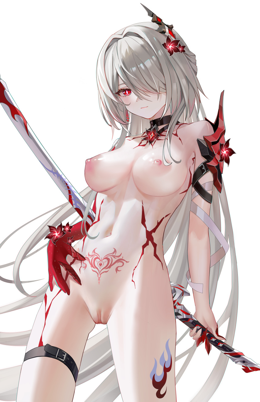 1girl absurdres acheron_(honkai:_star_rail) bare_shoulders blhazx breasts chinese_commentary choker cleavage commentary_request completely_nude cowboy_shot flower grey_hair hair_flower hair_intakes hair_ornament hair_over_one_eye halterneck highres holding holding_sword holding_weapon honkai:_star_rail honkai_(series) large_breasts leg_tattoo long_hair looking_at_viewer navel nude official_alternate_color pubic_tattoo red_eyes red_flower scabbard sheath sheathed simple_background solo standing stomach sword tattoo thigh_strap thighs very_long_hair weapon white_background