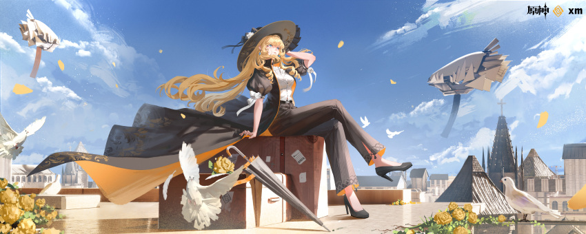 1girl 3d_background absurdres alternate_costume artist_name ascot bird black_choker black_coat black_hat black_pants black_umbrella blonde_hair blue_eyes blue_sky choker coat copyright_name crossed_legs day dove drill_hair earrings floating_hair flower from_side full_body genshin_impact hand_up hat hat_flower high_heels highres incredibly_absurdres jewelry looking_afar looking_up navia_(genshin_impact) on_rooftop on_suitcase pants puffy_short_sleeves puffy_sleeves shirt short_sleeves sitting sky solo umbrella white_ascot white_shirt wide_shot wind wind_lift xiami_(user_gtpd5887)