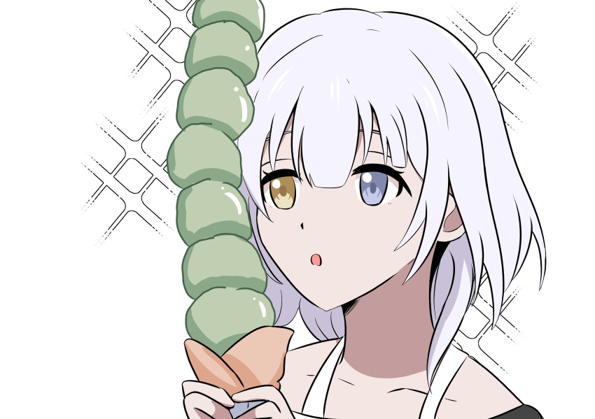 1girl :o bang_dream! bang_dream!_it's_mygo!!!!! blue_eyes collarbone commentary hashtag-only_commentary heterochromia highres holding holding_ice_cream_cone ice_cream_cone kaname_raana matcha_(food) open_mouth rienz simple_background solo sparkle upper_body white_background white_hair yellow_eyes