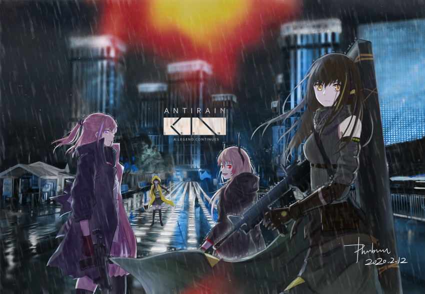 4girls anti-rain_(girls'_frontline) ar-15 artist_name assault_rifle bangs black_gloves black_hair black_jacket brown_hair brown_sweater building closed_mouth dated dress feet_out_of_frame from_behind from_side girls'_frontline gloves green_sweater_vest grey_skirt gun headset highres holding holding_gun holding_weapon hood hood_down hood_up hooded_jacket jacket long_hair looking_at_viewer m4_carbine m4_sopmod_ii_(girls'_frontline) m4a1_(girls'_frontline) mechanical_ears multicolored_hair multiple_girls open_clothes open_jacket open_mouth pink_eyes pink_hair rain red_eyes rifle ro635_(girls'_frontline) scarf serious side_ponytail skirt smile st_ar-15_(girls'_frontline) standing streaked_hair sweater sweater_vest water_drop weapon weapon_case white_dress yellow_eyes yellow_jacket zhuge_zhuge_qian