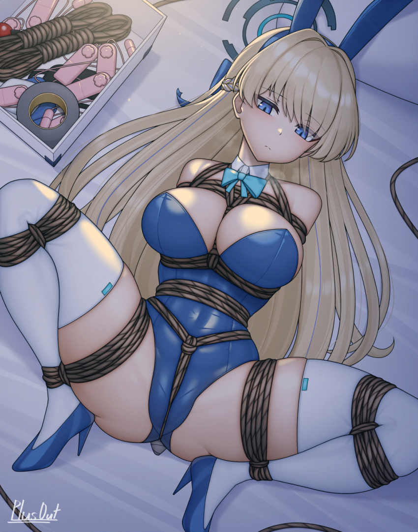 arms_behind_back bdsm blue_archive bondage bound breasts crotch_rope high_heels highres playboy_bunny plusout restrained rope shibari toki_(blue_archive) toki_(bunny)_(blue_archive)