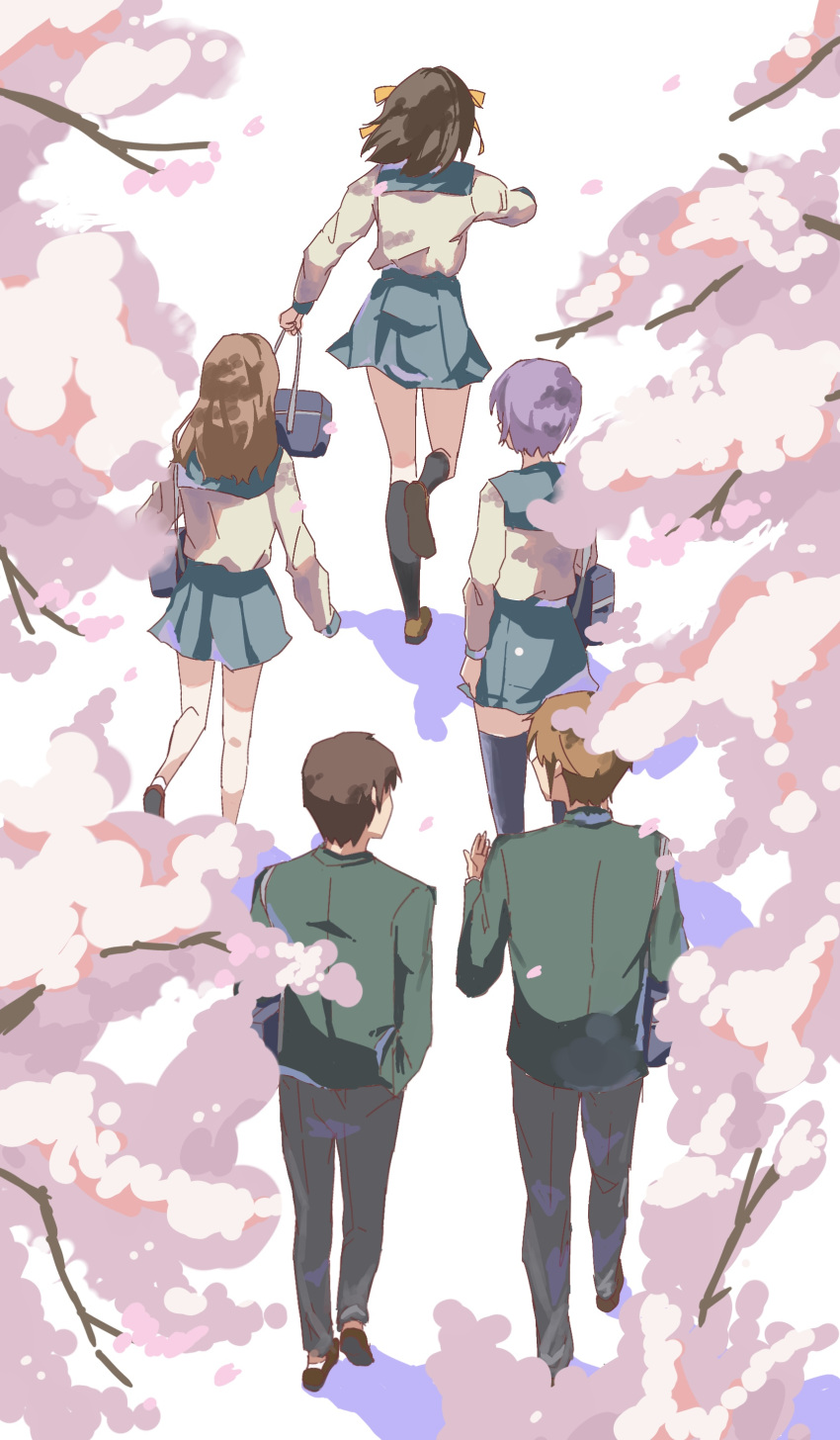 2boys 3girls absurdres asahina_mikuru bag black_pants black_socks blue_sailor_collar blue_skirt brown_footwear brown_hair cherry_blossoms commentary_request from_above from_behind green_jacket hair_ribbon hand_in_pocket highres holding holding_bag jacket kita_high_school_uniform kneehighs koizumi_itsuki kyon loafers long_hair long_sleeves medium_hair multiple_boys multiple_girls nagato_yuki okushiro pants pleated_skirt purple_hair ribbon running sailor_collar school_bag school_uniform serafuku shoes skirt socks suzumiya_haruhi suzumiya_haruhi_no_yuuutsu tree walking winter_uniform yellow_ribbon