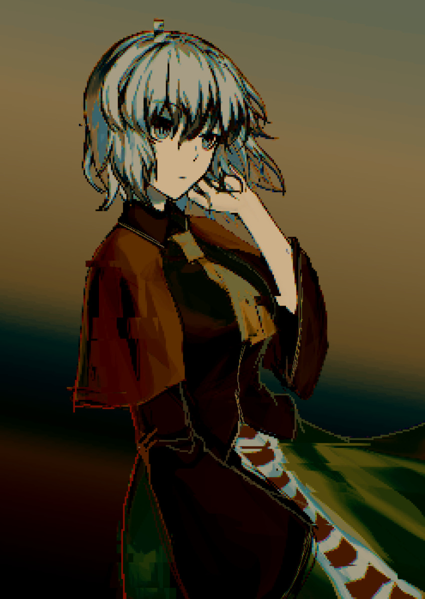 1girl ascot black_shirt breasts brown_capelet capelet closed_mouth cowboy_shot euthan green_skirt grey_eyes grey_hair highres large_breasts len'en long_hair long_sleeves multicolored_background shirt shitodo_hoojiro sketch skirt sleeves_past_fingers sleeves_past_wrists solo wide_sleeves yellow_ascot