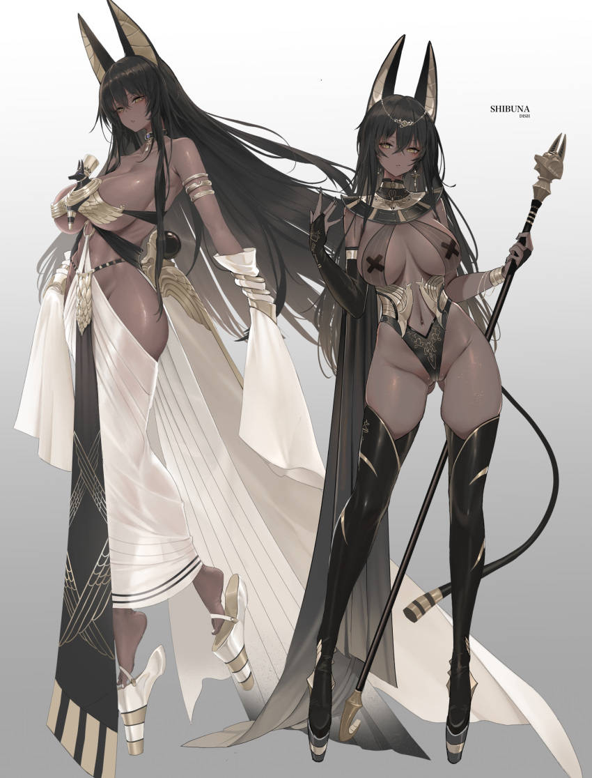 1girl absurdres animal_ears bare_shoulders black_footwear black_hair boots breasts character_name cleavage dark-skinned_female dark_skin detached_sleeves dishwasher1910 full_body hair_between_eyes hands_up highres holding jackal_ears jewelry large_breasts long_hair looking_at_viewer multiple_views navel original pasties sibuna_(biya_(1024)) tape tape_on_nipples thigh_boots thighs very_dark_skin yellow_eyes zoom_layer