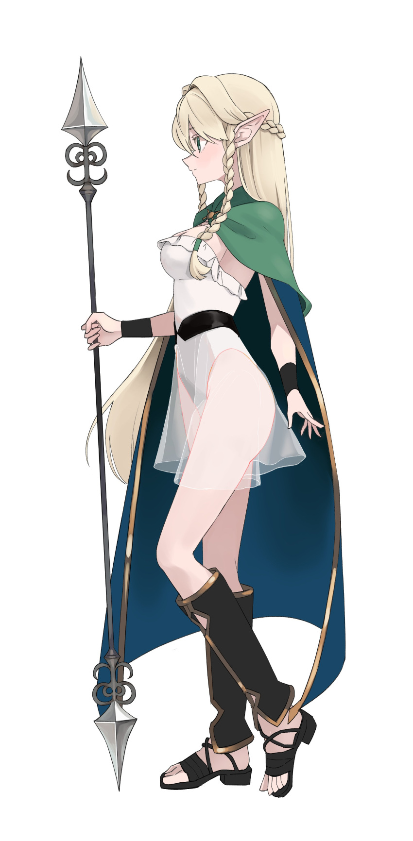 1girl absurdres blonde_hair braid breasts cape cloak closed_mouth commentary dress eltolinde_(unicorn_overlord) full_body green_cloak green_eyes highres holding holding_polearm holding_weapon leotard long_hair looking_ahead medium_breasts oka_paya pointy_ears polearm see-through see-through_dress simple_background solo spear standing strapless strapless_leotard toes twin_braids unicorn_overlord very_long_hair weapon white_background white_leotard