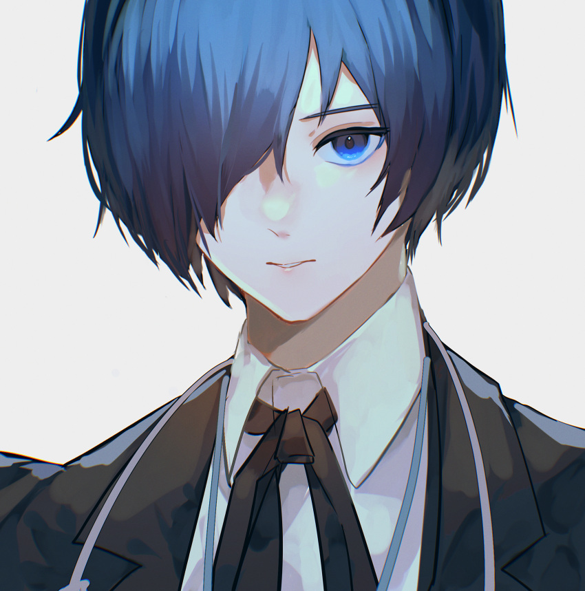 1boy ayacho_mato bishounen black_ribbon blue_eyes blue_hair collared_shirt expressionless gekkoukan_high_school_uniform grey_background hair_over_one_eye highres jacket male_focus pale_skin parted_lips persona persona_3 portrait ribbon school_uniform shirt short_hair solo white_shirt yuuki_makoto_(persona_3)