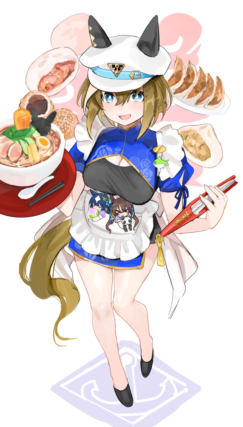 &gt;_&lt; 3girls animal_ears apron baozi black_footwear blue_dress blue_eyes blue_hair breasts brown_hair cheval_grand_(umamusume) chibi chopsticks cleavage cleavage_cutout clothing_cutout dark_blue_hair dress dumpling ear_covers ears_through_headwear food from_above hair_between_eyes hat highres horse_ears horse_girl horse_tail jiaozi kik1 large_breasts long_hair looking_at_viewer maid_apron multicolored_hair multiple_girls noodles peaked_cap puffy_short_sleeves puffy_sleeves ramen short_sleeves solo_focus spoon streaked_hair tail twintails umamusume v_sisters verxina_(umamusume) vivlos_(umamusume) white_apron white_hair