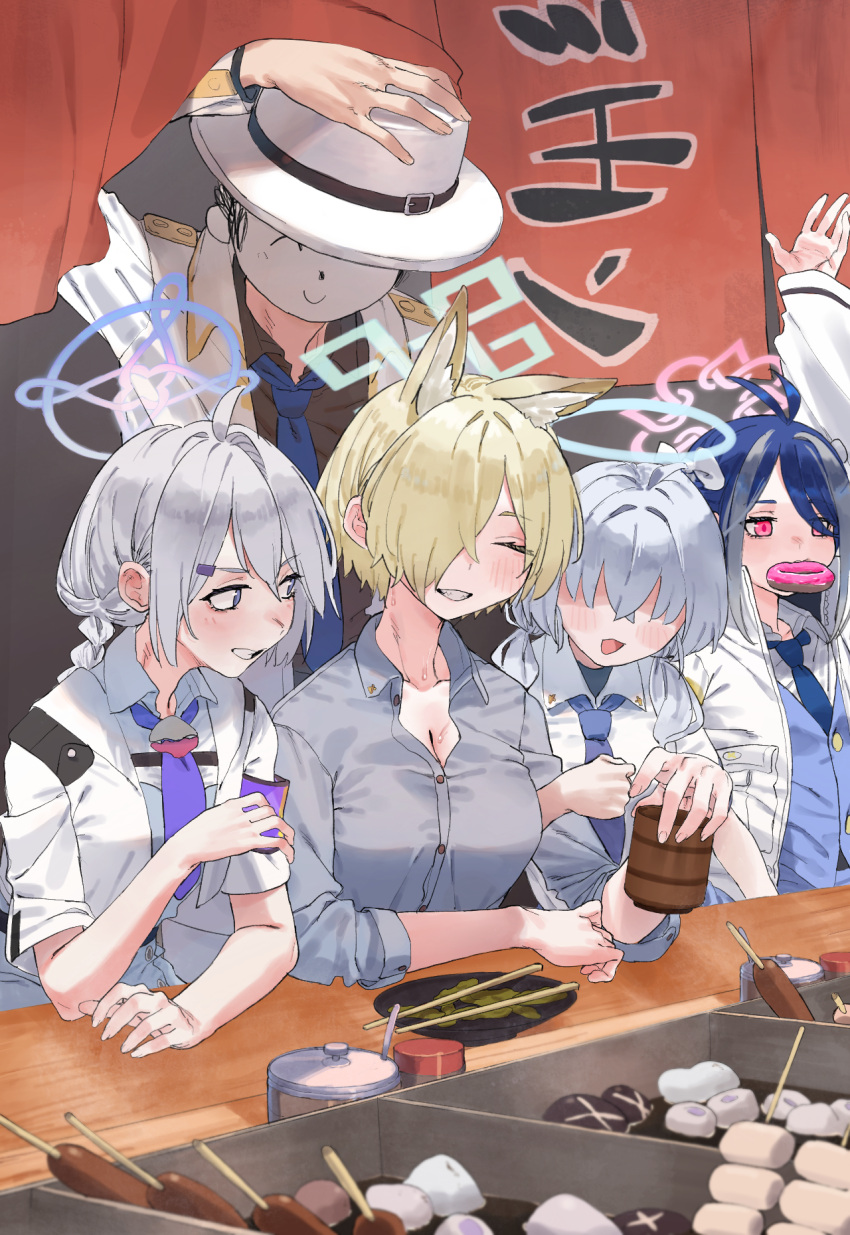 1boy 4girls ahoge alternate_hair_length alternate_hairstyle animal_ear_fluff animal_ears antenna_hair blonde_hair blue_archive blue_eyes blue_hair blue_halo blue_shirt braid character_request dog_ears doodle_sensei_(blue_archive) doughnut food fubuki_(blue_archive) grin hair_over_one_eye halo highres jacket kanna_(blue_archive) kirino_(blue_archive) long_hair long_sleeves lonklink multiple_girls police police_uniform red_eyes sensei_(blue_archive) shirt short_hair smile twin_braids uniform white_hair