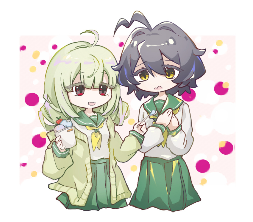 2girls ahoge araga_kiwi black_hair breasts cardigan chinese_commentary collared_shirt commentary_request food green_hair green_sailor_collar green_skirt highres hiiragi_utena holding holding_food jiekuijiangshadaonijiamenkou long_sleeves mahou_shoujo_ni_akogarete medium_hair mole mole_under_eye multiple_girls neckerchief no_nose open_cardigan open_clothes open_mouth pleated_skirt sailor_collar sailor_shirt school_uniform shirt short_hair skirt small_breasts smile white_shirt yellow_cardigan yellow_eyes yellow_neckerchief