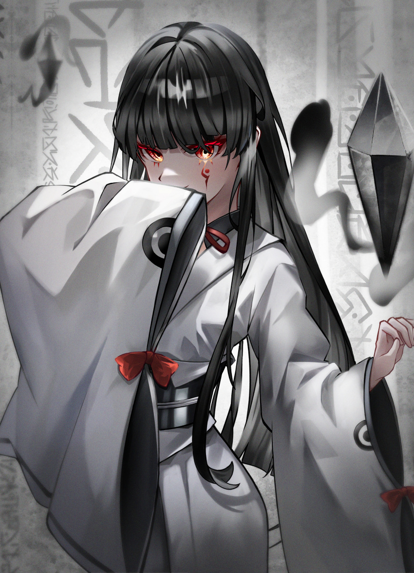 1girl absurdres black_hair blunt_bangs colored_eyelashes covering_own_mouth eyelashes facial_mark highres houraisan_kaguya japanese_clothes kimono long_hair long_sleeves looking_at_viewer red_eyes sleeves_past_fingers sleeves_past_wrists smile solo standing touhou upper_body very_long_hair white_kimono wide_sleeves yomatsuri_(festival_night)