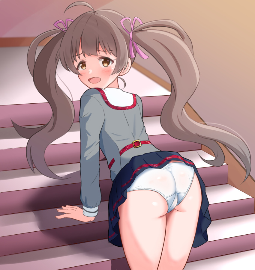 1girl :d ahoge all_fours ass asukazin black_skirt blush brown_eyes brown_hair buckle collar cowboy_shot dot_nose eyelashes from_behind grey_serafuku grey_shirt hair_ribbon hakozaki_serika highres idolmaster idolmaster_million_live! idolmaster_million_live!_theater_days junior_high_schoolmate_(idolmaster) long_hair long_sleeves looking_at_viewer official_alternate_costume open_mouth panties pink_ribbon plaid_collar pleated_skirt ribbon school_uniform serafuku shadow shirt shy sidelocks skirt smile solo stairs twintails underwear upskirt very_long_hair wavy_hair white_collar white_panties