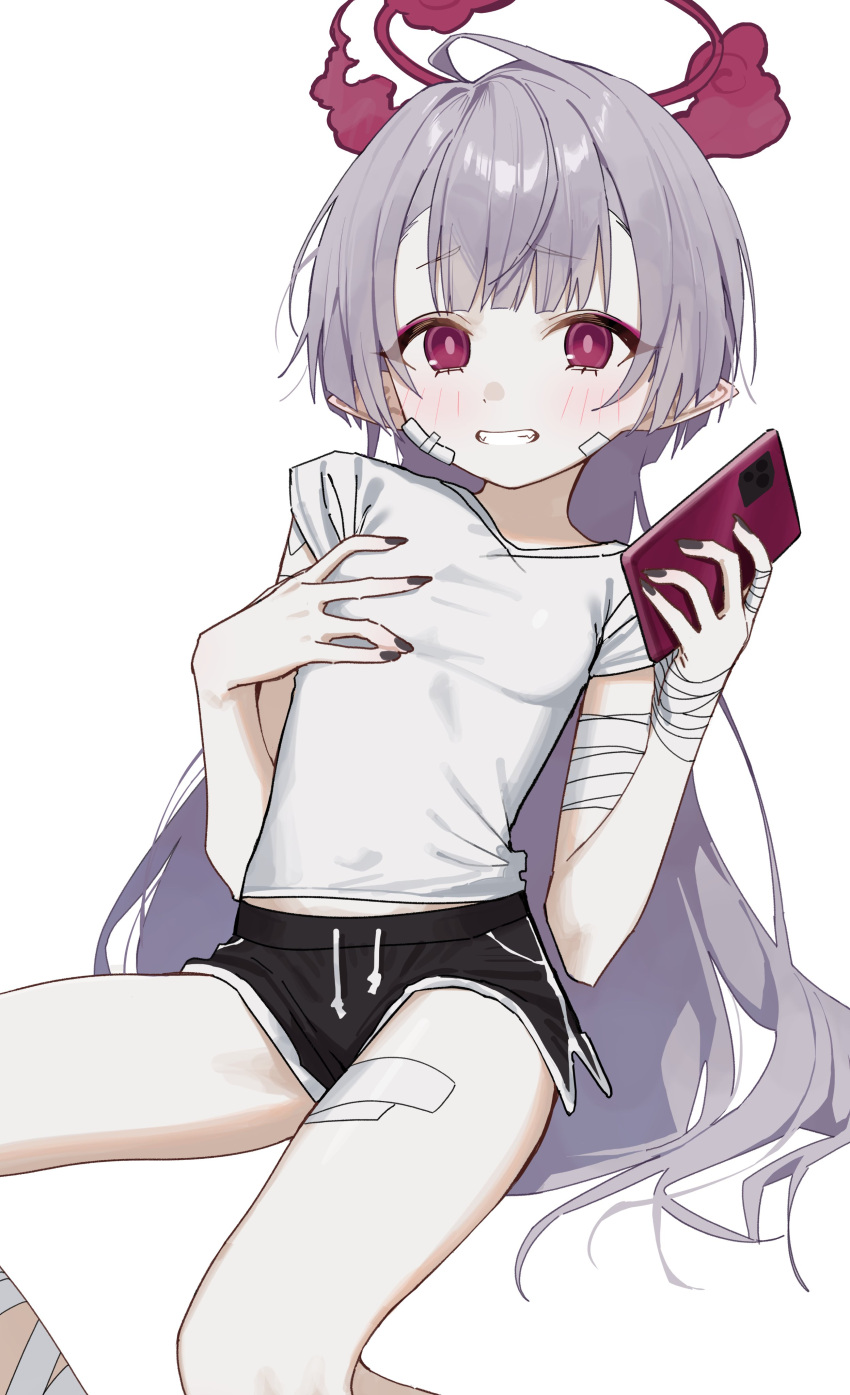 1girl absurdres bandaged_arm bandaged_leg bandages black_nails blue_archive blush breasts cellphone dolphin_shorts gauze_on_cheek grey_hair halo highres holding holding_phone long_hair looking_at_viewer phone pointy_ears red_eyes shirt short_shorts shorts shuro_(blue_archive) simple_background small_breasts smartphone smile solo syhan t-shirt teeth very_long_hair white_background