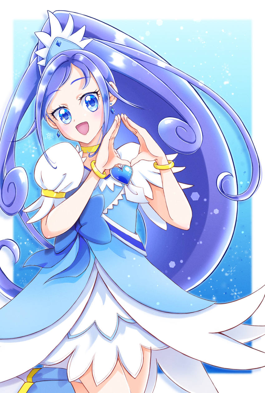 1girl blue_background blue_dress blue_eyes blue_hair border bracelet brooch choker cure_diamond diamond_earrings diamond_hands dokidoki!_precure dress earrings forehead fujisaki_star heart_brooch highres hishikawa_rikka jewelry long_hair open_mouth precure puffy_short_sleeves puffy_sleeves short_sleeves smile solo tiara upper_body white_border yellow_choker