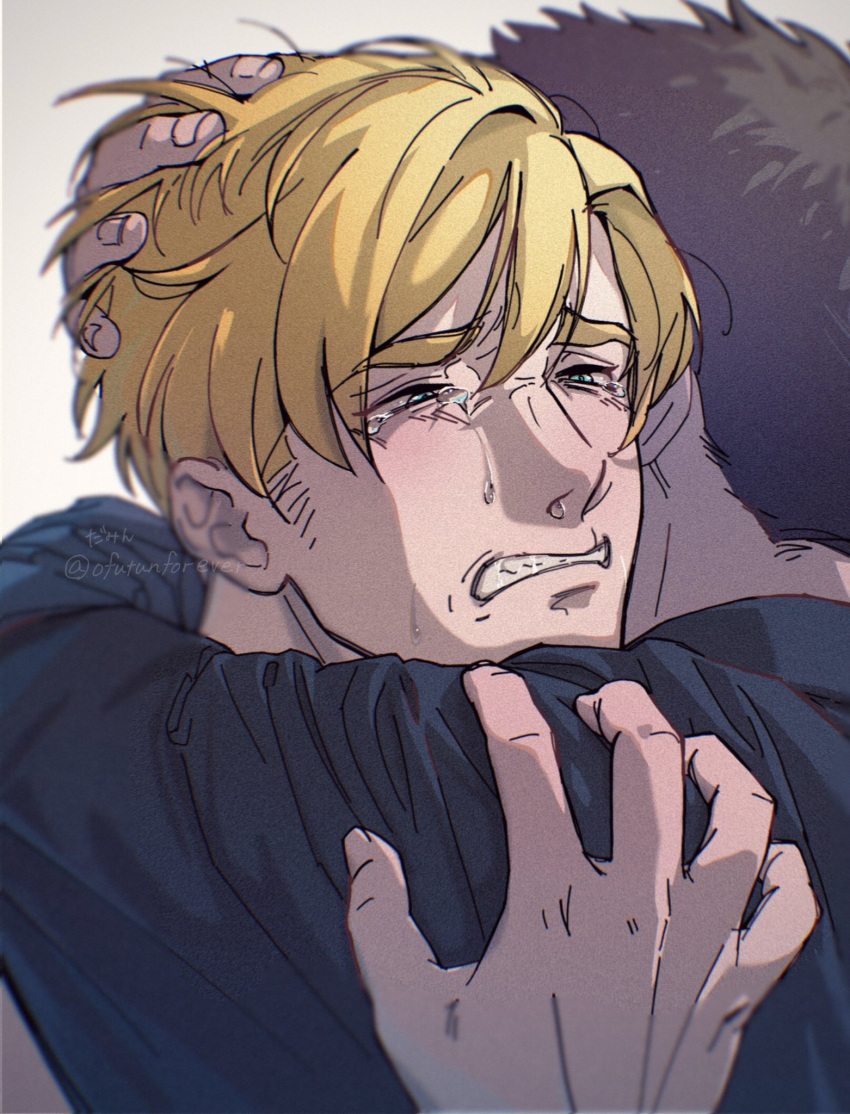 2boys ao_isami black_hair blonde_hair couple crying facial_hair hand_in_another's_hair hand_on_another's_head highres hug lewis_smith male_focus multiple_boys ofutunforever sad sideburns_stubble solo_focus stubble thick_eyebrows upper_body yaoi yuuki_bakuhatsu_bang_bravern
