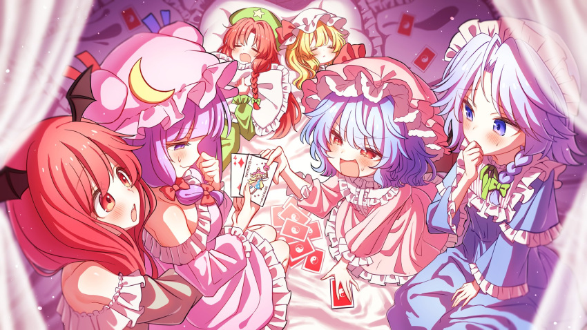 6+girls bare_shoulders beret blonde_hair blue_dress blue_eyes blue_hair blush bow braid brown_dress card closed_eyes closed_mouth clownpiece commentary_request commission crescent crescent_hat_ornament curtains double_bun dress drooling embodiment_of_scarlet_devil flandre_scarlet frilled_dress frilled_headwear frills green_ribbon hair_bun hat hat_bow hat_ornament head_wings highres holding holding_card holding_pillow hong_meiling hug hug_from_behind hugging_object izayoi_sakuya joker_(playing_card) koakuma looking_at_another mob_cap multiple_girls off-shoulder_dress off_shoulder old_maid parted_bangs patchouli_knowledge pillow pink_dress playing_card poker_face_failure purple_eyes purple_hair red_bow red_eyes red_hair remilia_scarlet ribbon skeb_commission sleeping sleepover smile sweatdrop touhou waramori_fuzuka wings worried yin_yang yin_yang_print