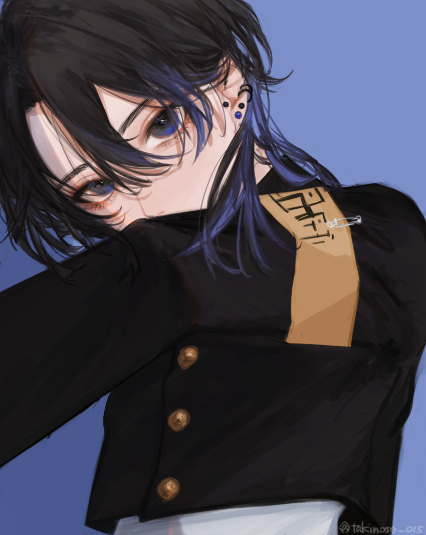 1boy armband black_hair black_jacket blue_background blue_hair buttons covered_mouth ear_piercing gakuran hair_between_eyes highres jacket long_sleeves looking_at_viewer male_focus medium_hair original piercing school_uniform simple_background solo takinose_015 twitter_username upper_body