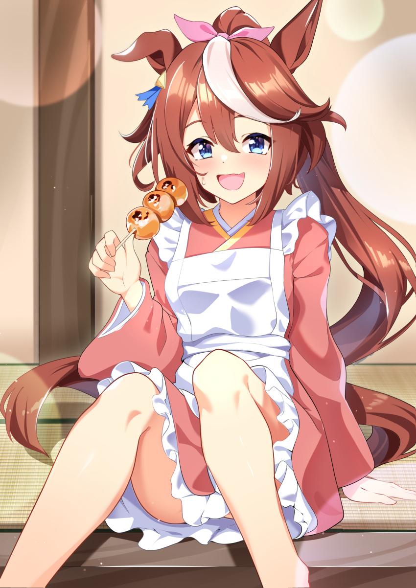 1girl absurdres alternate_costume animal_ears apron blue_eyes blush breasts brown_hair dango eating food hair_between_eyes hair_ornament highres horse_ears horse_girl long_hair looking_at_viewer maid ponytail sitting small_breasts solo sunny_(20597521) tokai_teio_(umamusume) umamusume wa_maid wagashi