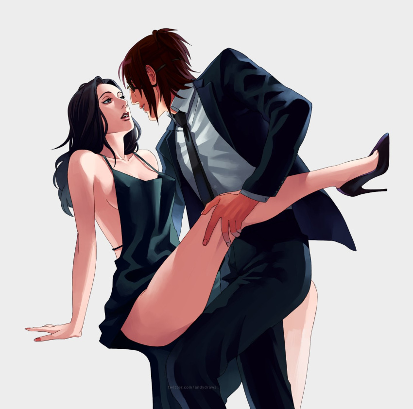 2girls andydraws black_hair black_necktie brown_hair eyepatch glasses hange_zoe high_heels highres leg_lift medium_hair multiple_girls necktie parted_lips pieck_finger shingeki_no_kyojin short_hair yuri