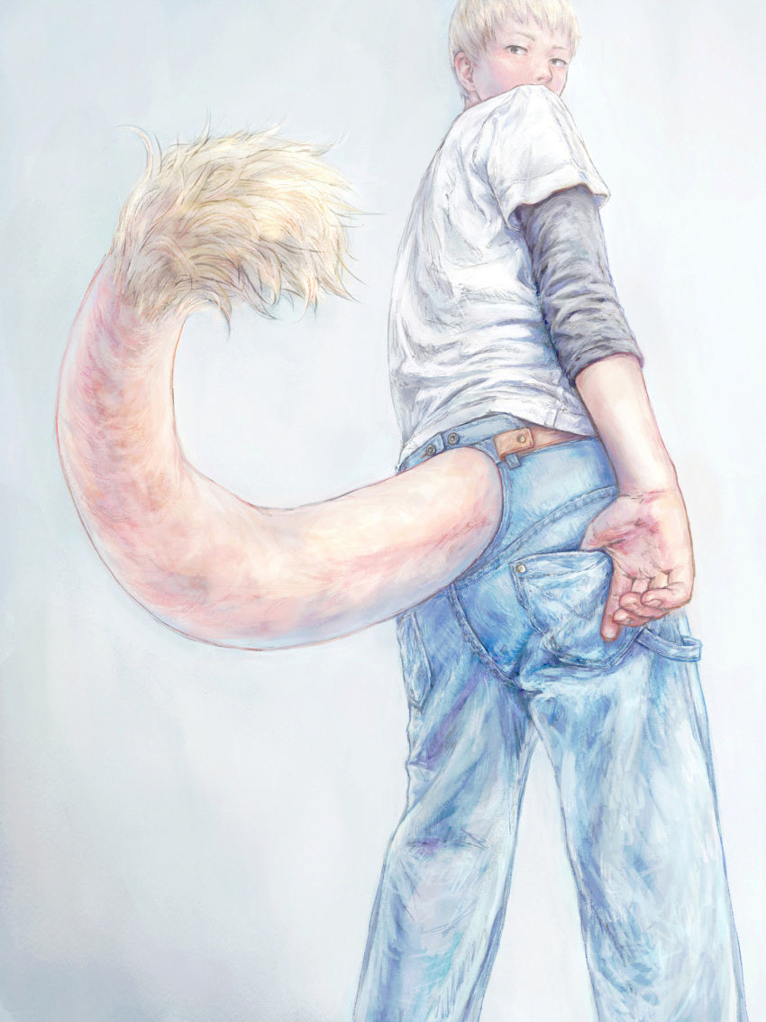 1boy blonde_hair boku_no_hero_academia denim highres jeans jirou2 looking_at_viewer looking_back male_focus ojiro_mashirao pants shirt simple_background solo standing tail thumb_in_pocket white_background white_shirt