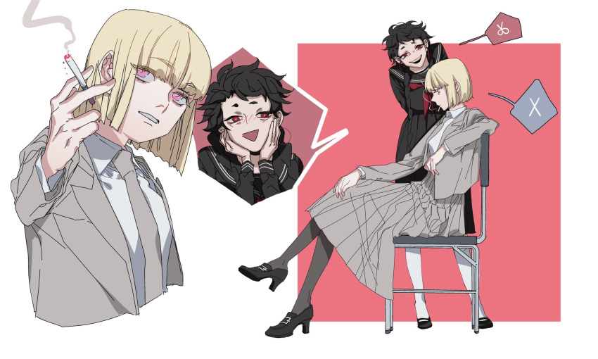 2girls :d arms_behind_back black_footwear black_hair black_serafuku black_shirt black_skirt blazer blonde_hair blunt_bangs blunt_ends blush braid breasts chair chinese_commentary cigarette colored_speech_bubble commentary_request crossed_legs dress_shirt earrings elbow_rest eyelashes from_side full_body grey_jacket grey_necktie grey_pantyhose grey_skirt hand_on_own_knee hands_on_own_cheeks hands_on_own_face head_down high-waist_skirt high_heels highres holding holding_cigarette hoop_earrings jacket jewelry lapels leaning_to_the_side long_hair long_skirt long_sleeves looking_at_another looking_down looking_to_the_side messy_hair multiple_girls multiple_views neckerchief necktie nose_blush on_chair open_clothes open_jacket open_mouth original pantyhose peaked_lapels pleated_skirt profile purple_eyes red_eyes red_neckerchief school_chair school_uniform serafuku shirt short_bangs short_eyebrows short_hair sideways_glance sitting skirt smile smoking speech_bubble standing tangtangjj teeth thick_eyebrows triangle_mouth twin_braids upper_teeth_only very_long_hair white_pantyhose white_shirt