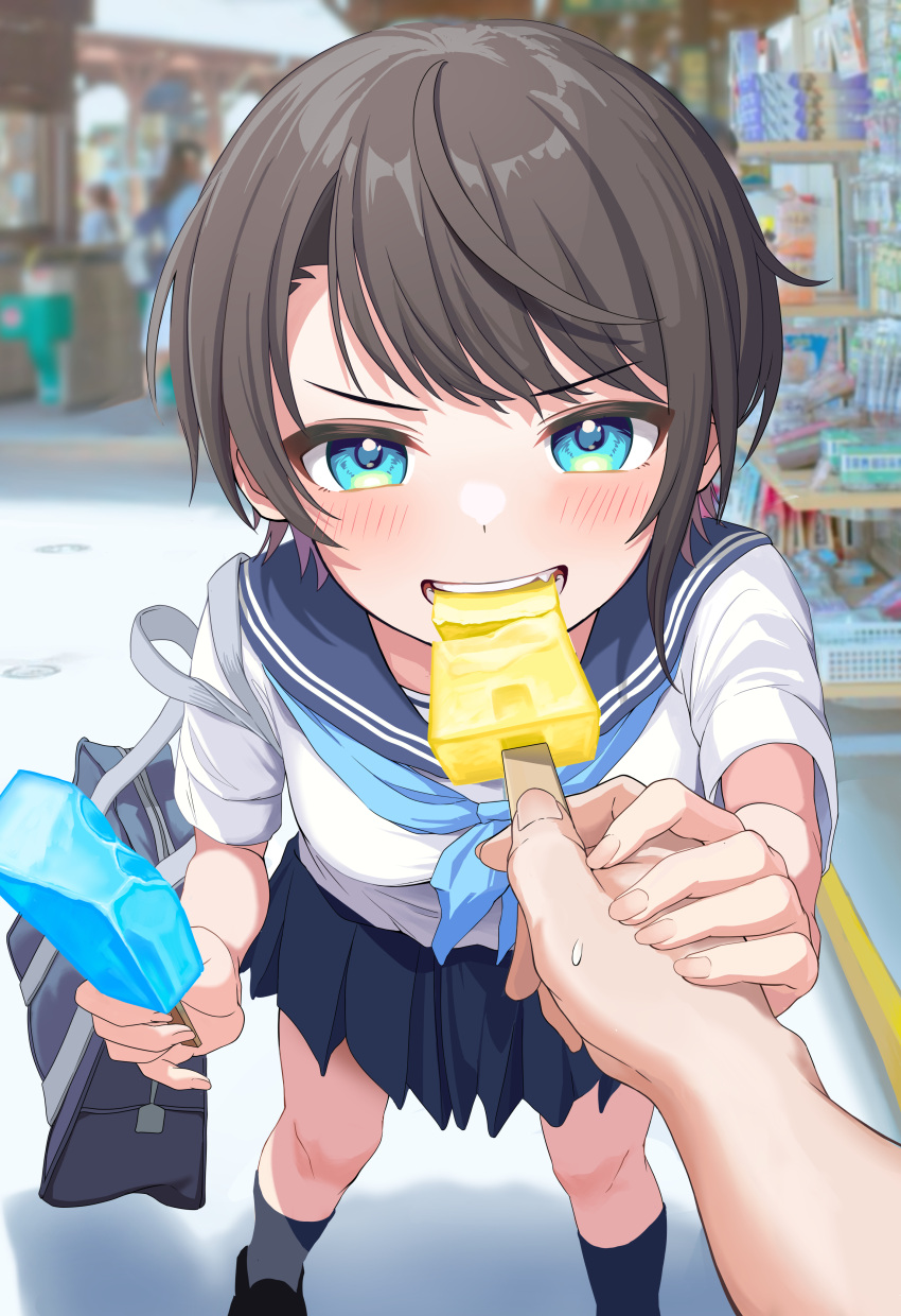 1girl absurdres aqua_eyes black_hair black_socks blue_neckerchief blue_sailor_collar blue_skirt blush breasts eating food food_in_mouth highres holding holding_food holding_popsicle hololive looking_at_viewer neckerchief oozora_subaru pleated_skirt popsicle popsicle_in_mouth pov sailor_collar school_uniform shirt short_hair short_sleeves skirt socks solo swept_bangs tihirowo virtual_youtuber white_shirt