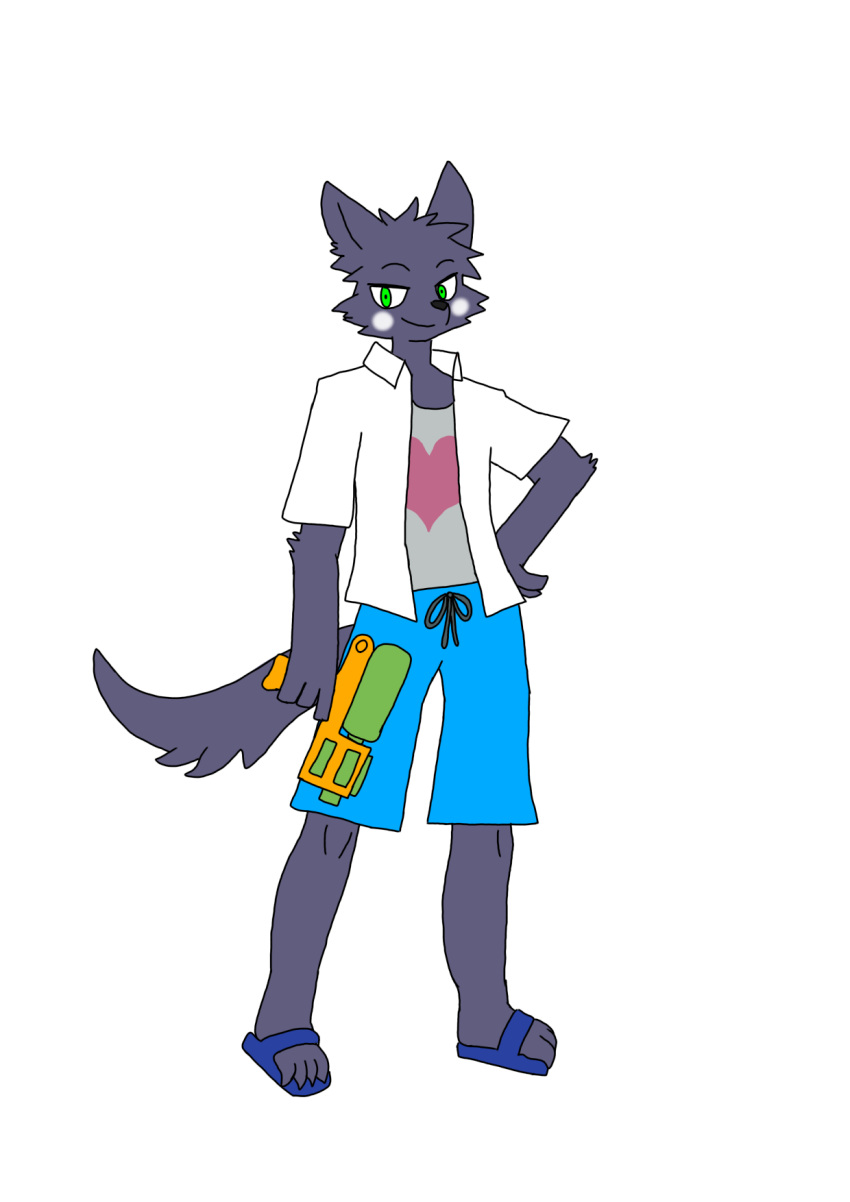 anthro canid canine canis clothed clothing fur grey_body grey_fur hi_res kemono male mammal nifram_logan solo songkran toy toy_gun unknown_artist water_gun wolf