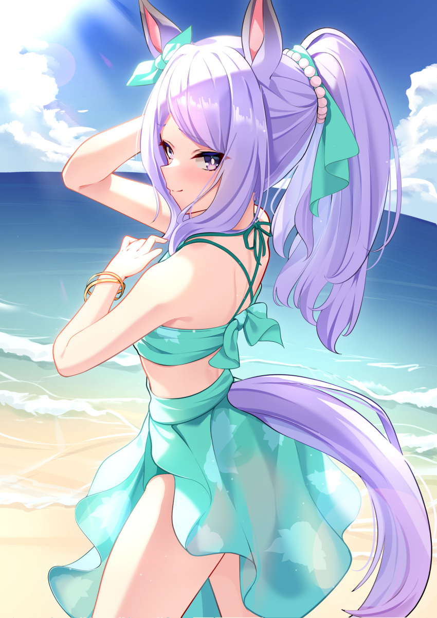 1girl absurdres alternate_costume animal_ears aqua_bikini aqua_bow beach bikini blue_sky blush bow bracelet cloud cloudy_sky commentary_request cowboy_shot ear_bow highres horse_ears horse_girl horse_tail jewelry lens_flare long_hair mejiro_mcqueen_(umamusume) ocean outdoors ponytail purple_eyes purple_hair sand sarong sky smile solo sunny_(20597521) swimsuit tail tail_through_clothes umamusume water