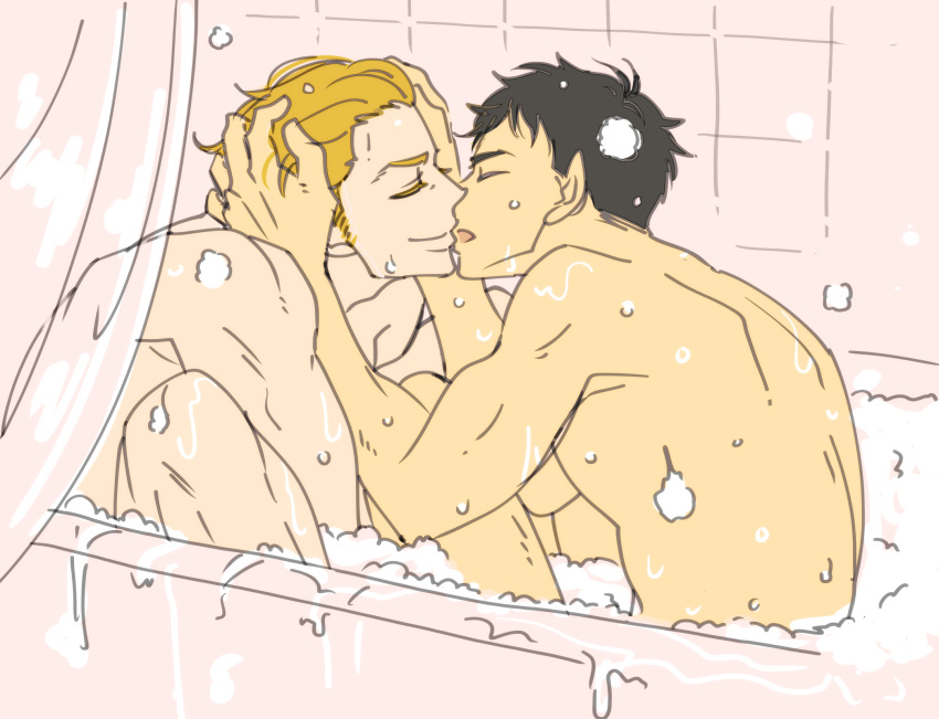 2boys ao_isami bathroom bathtub black_hair blonde_hair closed_eyes couple facial_hair hand_in_another's_hair happy highres kiss lewis_smith m_legs male_focus multiple_boys nude saltonly shared_bathing sideburns_stubble smile soap_bubbles stubble thick_eyebrows upper_body wet wet_hair yaoi yuuki_bakuhatsu_bang_bravern