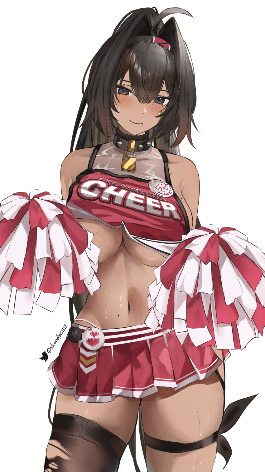 1girl absurdres bare_shoulders bay_(nikke) black_eyes black_hair blush breasts cheerleader closed_mouth commentary cowboy_shot dark-skinned_female dark_skin elvandec english_commentary goddess_of_victory:_nikke hair_intakes hairband highres holding holding_pom_poms large_breasts long_hair looking_at_viewer miniskirt mole mole_on_stomach mole_under_eye mole_under_mouth navel pleated_skirt pom_pom_(cheerleading) ponytail red_skirt single_thighhigh skirt solo stomach thigh_strap thighhighs thighs torn_clothes torn_thighhighs twitter_username underboob white_background