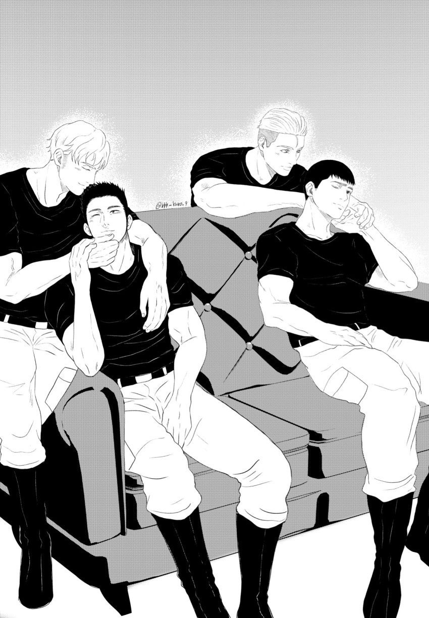 4boys ao_isami arm_around_shoulder bbb_kuro_96 boots character_request couch couple facial_hair hand_on_another's_chin hand_on_another's_hand highres lewis_smith male_focus multiple_boys on_couch one_eye_closed ryuji_satake sideburns_stubble sitting smile stubble thick_eyebrows toned toned_male yaoi yuuki_bakuhatsu_bang_bravern