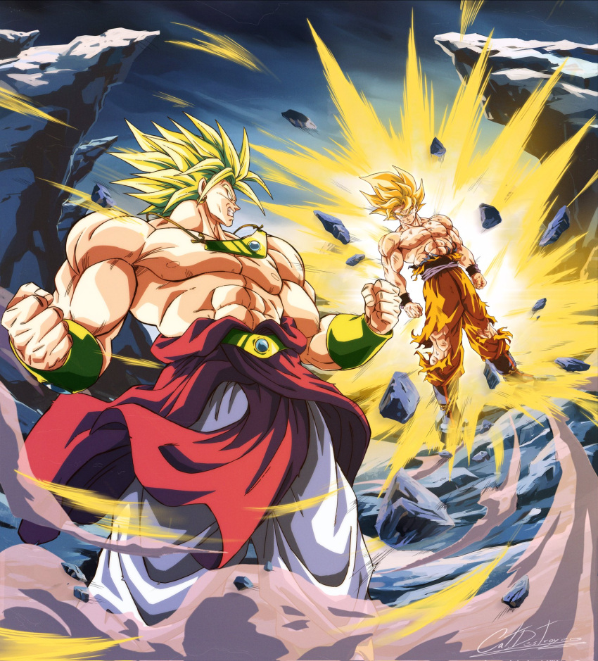 abs aura battle_damage blonde_hair blue_sash blue_shirt boots broly_(dragon_ball_z) catdestroyer clenched_hands clenched_teeth corrupted_twitter_file debris dougi dragon_ball dragon_ball_z earrings green_hair highres injury jewelry legendary_super_saiyan looking_at_another medium_hair muscular muscular_male no_pupils orange_pants orange_shirt pants red_eyes sash serious shirt sign son_goku spiked_hair standing super_saiyan teeth torn_clothes torn_pants torn_shirt white_pants