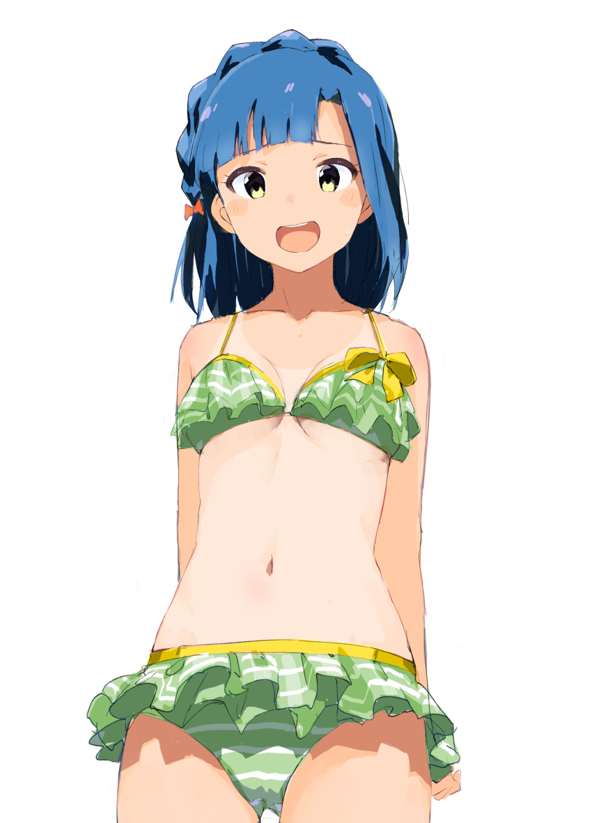 1girl absurdres arms_behind_back bare_shoulders bikini blue_hair blush bow braid breasts collarbone cowboy_shot dress_bow green_bikini hair_bow hair_ribbon highres idolmaster idolmaster_million_live! idolmaster_million_live!_theater_days looking_at_viewer medium_breasts nanao_yuriko open_mouth rauto red_ribbon ribbon short_hair simple_background smile solo standing striped_bikini striped_clothes sweatdrop swimsuit tan tanlines teeth upper_teeth_only white_background yellow_bow yellow_eyes