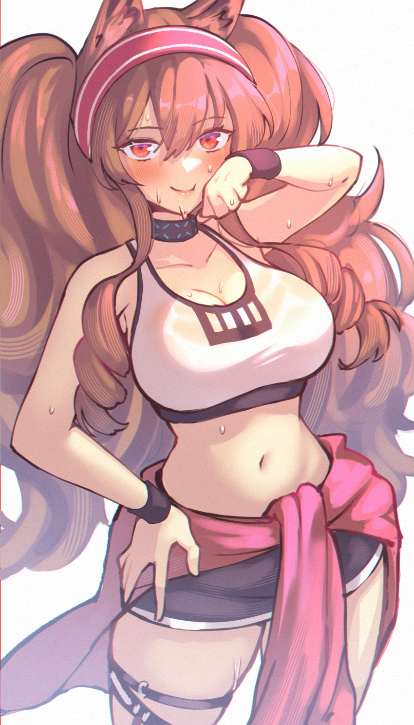 1girl absurdres angelina_(arknights) animal_ears arknights black_choker black_shorts blush breasts brown_hair choker cleavage commentary cowboy_shot crop_top fox_ears hairband hand_on_own_hip highres infection_monitor_(arknights) large_breasts long_hair looking_at_viewer midriff navel red_eyes red_hairband sher_(imnotsher) short_shorts shorts sidelocks simple_background solo sports_bra standing stomach sweat thigh_strap thighs twintails very_long_hair white_background wristband