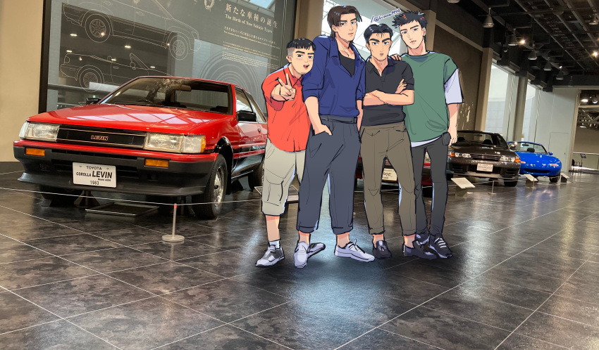 4boys absurdres black_eyes black_footwear black_hair black_pants black_shirt blue_car blue_shirt brown_pants car character_request collarbone collared_shirt convertible green_shirt grey_footwear grey_shorts highres hisano_(hisano_ff14) initial_d looking_at_viewer male_focus mazda mazda_mx-5 mazda_mx-5_na mercedes-benz mercedes-benz_190e motor_vehicle multiple_boys nakazato_takeshi nissan nissan_skyline nissan_skyline_gt-r nissan_skyline_r32 pants photo_background red_car red_shirt shirt shoes shorts smile sneakers sports_car suetsugu_toru takeuchi_itsuki toyota toyota_sprinter_trueno v