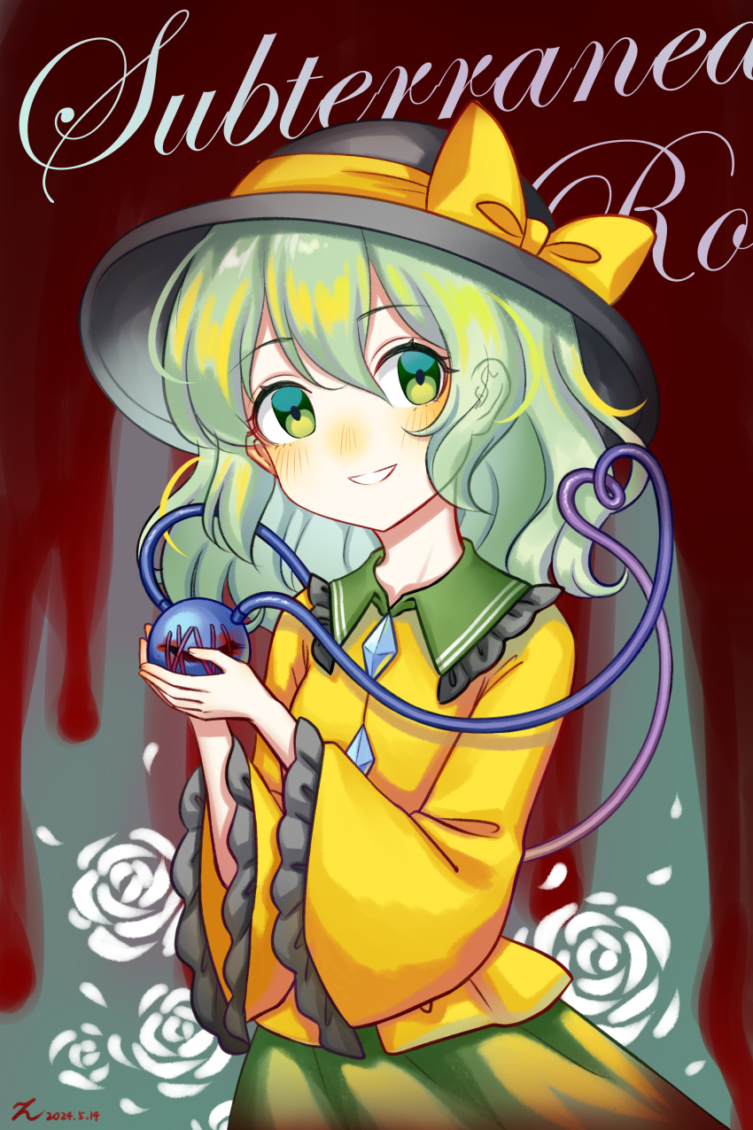 1girl 2024 :d absurdres black_hat blood blood_from_eyes blush bow buttons commentary cowboy_shot dated diamond_button english_commentary english_text eyelashes flower frilled_shirt_collar frilled_sleeves frills green_eyes green_hair green_skirt grin hair_bow hair_over_shoulder hat highres kiri_(maoxianjiu) koishi_day komeiji_koishi long_sleeves looking_at_viewer medium_hair nose_blush rose shirt signature simple_background skirt smile solo tareme third_eye thread touhou wavy_hair white_flower white_rose wide_sleeves yellow_bow yellow_shirt