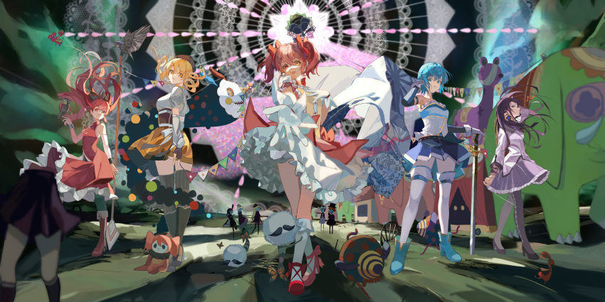 5girls 6+others absurdres akemi_homura alternate_eye_color anthony_(madoka_magica) argyle argyle_legwear bare_shoulders beret black_footwear black_hair black_pantyhose black_thighhighs blonde_hair blue_eyes blue_footwear blue_hair boots brown_eyes bubble_skirt character_request charlotte_(madoka_magica) check_character commentary_request corset detached_sleeves dress drill_hair english_commentary frilled_skirt frills full_body gloves hair_ornament hairclip hairpin hat high_heels highres holding holding_sword holding_weapon incredibly_absurdres kaname_madoka knee_boots kneehighs long_hair looking_at_viewer magical_girl mahou_shoujo_madoka_magica mathieu_(madoka_magica) miki_sayaka mixed-language_commentary multiple_girls multiple_others pantyhose pink_hair pleated_skirt ponytail red_dress red_eyes red_footwear red_hair sakura_kyouko shirasuke_0822 short_hair short_twintails skirt socks sword thighhighs tomoe_mami twin_drills twintails walpurgisnacht_(madoka_magica) weapon white_gloves white_socks white_thighhighs witch_(madoka_magica) yellow_eyes