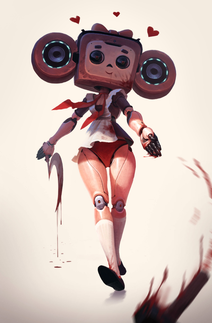 1girl alexander_terentyev android apron blood blood_on_clothes bow cheburashka disembodied_hand full_body gena_the_crocodile_and_his_friends hair_bow heart highres holding_sickle joints mask neckerchief original panties red_bow red_neckerchief red_panties robot_joints simple_background socks solo underwear white_apron white_background white_socks