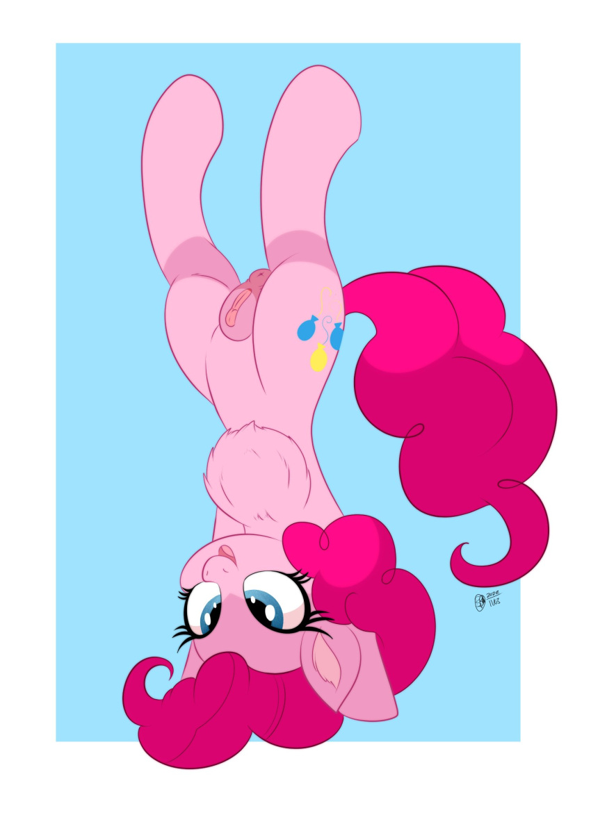 2022 anatomically_correct anatomically_correct_genitalia anatomically_correct_pussy animal_genitalia animal_pussy anus blue_eyes bunbunmuffins chest_tuft clitoral_hood clitoral_winking clitoris cutie_mark digital_media_(artwork) earth_pony equid equine equine_pussy eyelashes female feral friendship_is_magic genitals hair hasbro hi_res horse mammal my_little_pony open_mouth open_smile pink_anus pink_body pink_hair pink_pussy pink_tail pinkie_pie_(mlp) pony pussy signature smile solo tuft upside_down