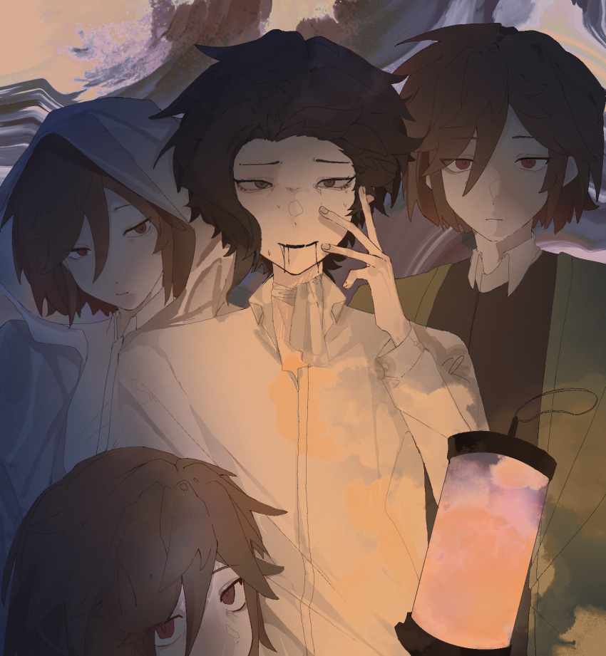 4boys black_eyes black_hair black_vest brown_hair chinese_commentary closed_mouth collared_shirt commentary_request expressionless green_jacket harada_mutei highres jacket long_sleeves luo_shi_ye male_focus multiple_boys multiple_persona open_clothes open_collar open_jacket pale_skin red_eyes saibou_shinkyoku sanpaku shirt short_hair smile sweat utsugi_rangiri vest white_shirt