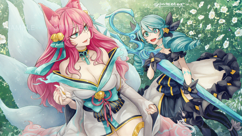 2girls ahri_(league_of_legends) bangs bare_shoulders bell black_bow black_gloves blush bow breasts cleavage collarbone commission facial_mark feet_out_of_frame flower gloves green_bow green_hair gwen_(league_of_legends) hair_bell hair_between_eyes hair_bow hair_ornament highres holding holding_scissors japanese_clothes kimono large_breasts league_of_legends long_hair multiple_girls off_shoulder pantyhose pote0508 red_hair scissors shiny shiny_hair skeb_commission slit_pupils smile spirit_blossom_ahri striped striped_pantyhose twintails whisker_markings white_flower wide_sleeves