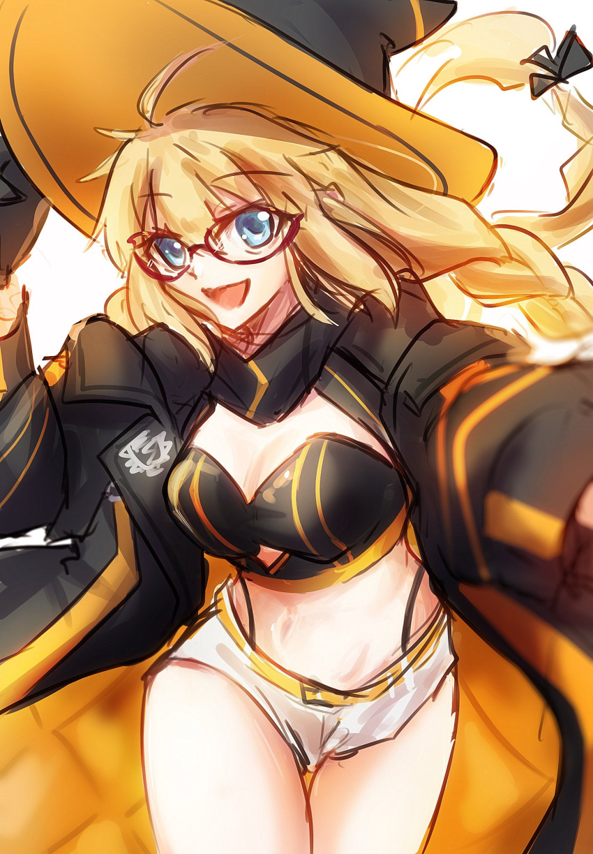 1girl aesc_(fate) aesc_(rain_witch)_(fate) artist_request blonde_hair blue_eyes blush fate/grand_order fate_(series) glasses hat highres long_hair looking_at_viewer robe round_eyewear smile thighs white_background white_robe witch_hat