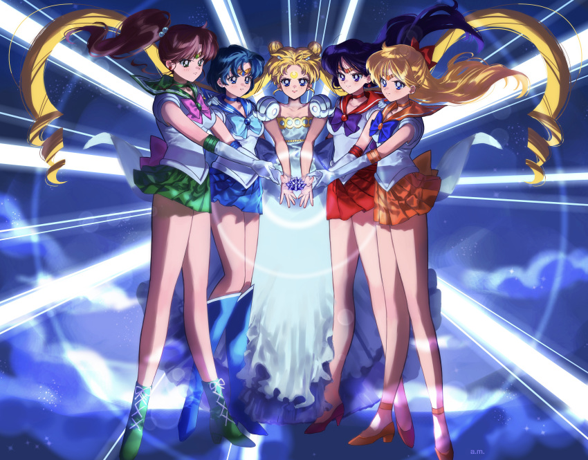 5girls absurdres aino_minako bangs bare_legs bishoujo_senshi_sailor_moon blonde_hair blue_bow blue_bowtie blue_choker blue_eyes blue_footwear blue_hair blue_sailor_collar blue_skirt blush boots bow bowtie brown_hair choker circlet closed_mouth collarbone collared_shirt commentary crescent crescent_facial_mark double_bun dress earrings elbow_gloves facial_mark floating_hair forehead_mark gem gloves green_choker green_eyes green_footwear green_sailor_collar green_skirt hair_bobbles hair_bun hair_intakes hair_ornament hand_on_another's_shoulder high_heels high_ponytail highres hino_rei inner_senshi jewelry kino_makoto long_hair maboroshi_no_ginzuishou magical_girl miniskirt mizuno_ami multiple_girls orange_choker orange_footwear orange_sailor_collar orange_skirt p_m_ame parted_bangs pleated_skirt princess_serenity purple_bow purple_bowtie purple_eyes purple_hair red_choker red_footwear red_sailor_collar red_skirt sailor_collar sailor_collar_lift sailor_jupiter sailor_mars sailor_mercury sailor_senshi_uniform sailor_shirt sailor_venus serious shiny shiny_hair shirt short_hair skirt sleeveless sleeveless_shirt standing tsukino_usagi twintails very_long_hair white_dress white_gloves white_shirt