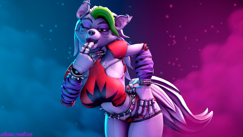 3d_(artwork) absurd_res animatronic anthro bell bell_collar canid canine canis clothed clothing collar daizukag digital_media_(artwork) ear_piercing ear_ring female five_nights_at_freddy's five_nights_at_freddy's:_security_breach fluffy fluffy_tail green_hair grey_body hair hi_res long_hair machine mammal piercing red_clothing ring_piercing robot roxanne_wolf roxanne_wolf_(mayosplash) scottgames solo source_filmmaker_(artwork) spikes steel_wool_studios tail white_hair wolf