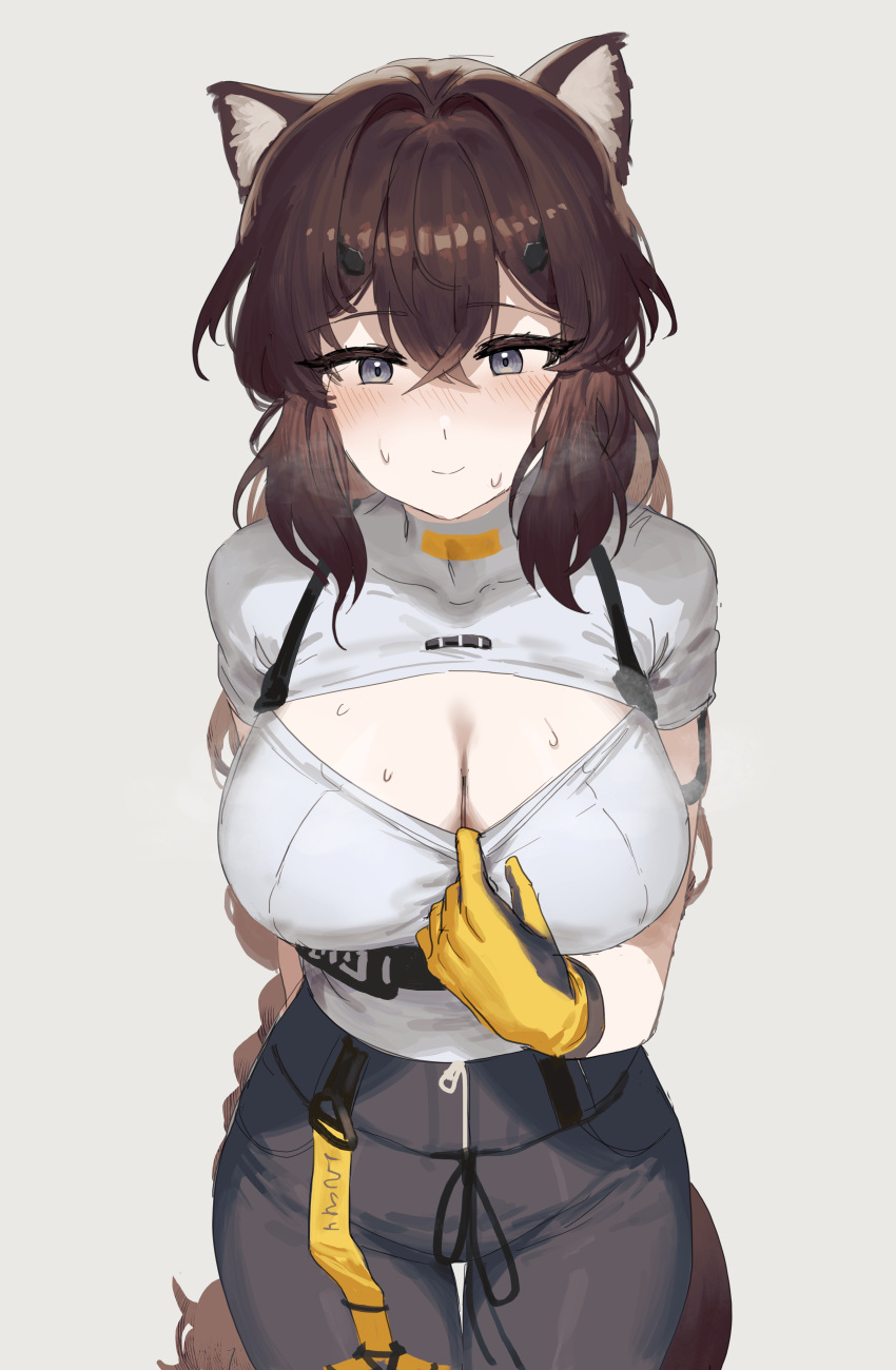1girl absurdres animal_ears blush breasts brown_hair cleavage closed_mouth cowboy_shot girls'_frontline_neural_cloud gloves highres large_breasts long_hair pants solo sweat tail turing_(neural_cloud)