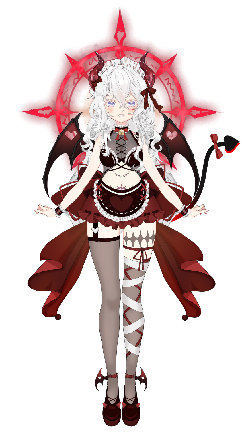 1girl absurdres ankle_wings anklet apron asymmetrical_legwear back_bow bandaged_leg bandages bell black_apron black_tail black_wings black_wrist_cuffs bow breasts cleavage clothing_cutout colored_eyelashes curly_hair demon_girl demon_horns demon_wings dress frilled_hairband frilled_wrist_cuffs frills full_body garter_straps grey_thighhighs grin hair_between_eyes hairband halo halo_behind_head highres horns jewelry leg_ribbon leiny_(stardust_project) long_hair medium_breasts mismatched_legwear neck_bell neck_ribbon official_art purple_eyes red_bow red_dress red_footwear red_halo red_horns red_ribbon ribbon see-through see-through_cleavage short_dress single_garter_strap sleeveless sleeveless_dress smile solo standing stardust_project stomach_cutout straight-on tachi-e tail tail_bow tail_ornament teeth thighhighs transparent_background virtual_youtuber waist_apron white_hair white_hairband wings wrist_cuffs