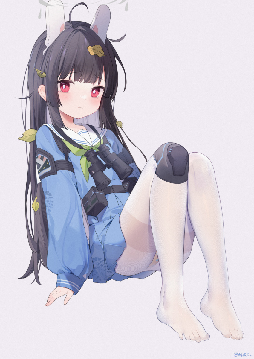 1girl ahoge ammunition_pouch animal_ears bangs binoculars black_hair blue_archive blue_serafuku blue_skirt bright_pupils closed_mouth commentary eru_daydream feet fine_fabric_emphasis full_body grey_background halo highres knee_pads leaf long_sleeves looking_at_viewer messy_hair miyu_(blue_archive) panties panties_under_pantyhose pantyhose patch pleated_skirt pouch print_panties rabbit_ears red_eyes school_uniform serafuku sidelocks simple_background single_knee_pad sitting skirt sleeves_past_wrists solo symbol-only_commentary tearing_up thighband_pantyhose toes twitter_username underwear wavy_mouth white_pantyhose white_pupils yellow_panties