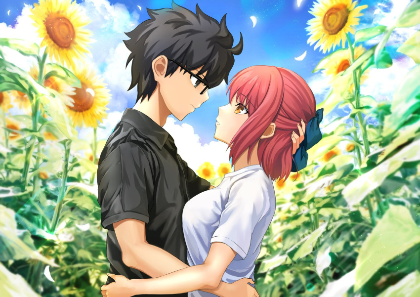 1boy 1girl ahoge black-framed_eyewear black_eyes black_hair black_shirt blue_bow blue_sky bow breasts brown_eyes closed_mouth cloud collared_shirt commentary_request commission day eye_contact field flower flower_field from_side glasses hair_bow half_updo hand_on_another's_head harukey hetero highres imminent_kiss kohaku_(tsukihime) looking_at_another medium_breasts outdoors profile red_hair shirt short_hair short_sleeves skeb_commission sky sunflower tohno_shiki tsukihime upper_body white_shirt yellow_flower