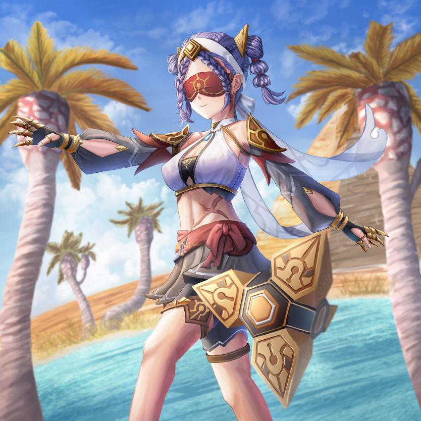 1girl 1other armor bare_shoulders benben_(genshin_impact) black_gloves black_skirt blue_sky braid breasts claw_ring cleavage cloud commentary_request fingerless_gloves front_braid furiasu genshin_impact gloves hair_ornament highres jeht_(genshin_impact) medium_breasts medium_hair midriff navel outdoors palm_tree pond purple_hair red_blindfold scar scar_on_stomach shirt shoulder_armor skirt sky smile solo thumb_ring tree twin_braids twintails water white_shirt