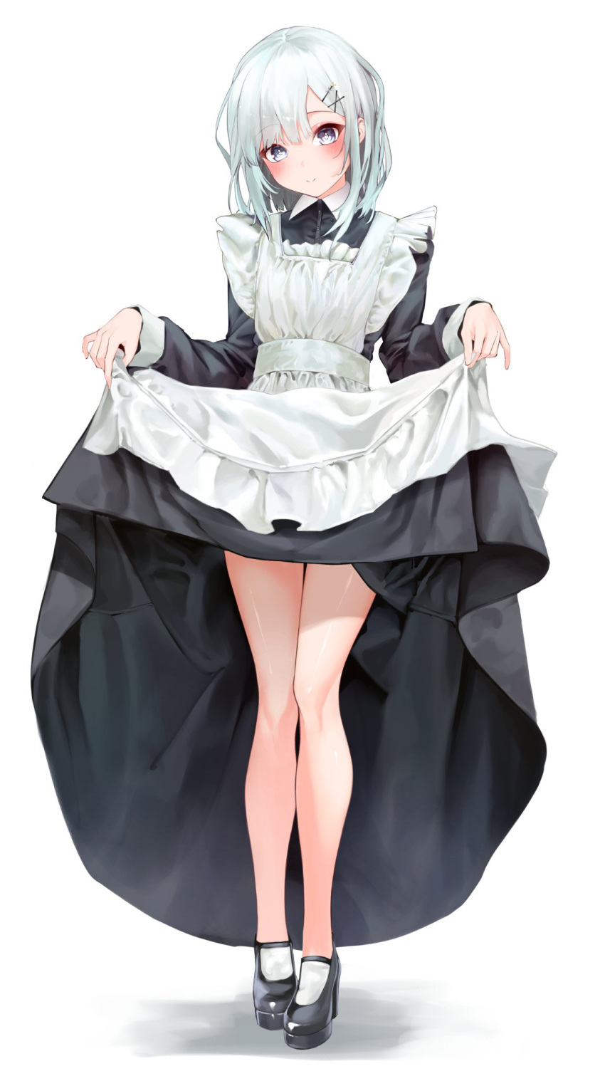 1girl alternate_costume apron black_dress black_footwear clothes_lift collared_dress dress dress_lift enmaided frilled_apron frills full_body grey_eyes grey_hair hair_ornament hairclip head_tilt highres jakusha_shiro kaga_sumire legs long_sleeves looking_at_viewer maid maid_apron mary_janes shoes short_hair simple_background smile solo standing vspo! white_apron white_background x_hair_ornament